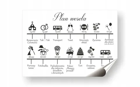 Plan wesela: od ceremonii o 14:00, przez obiad, tort o 22:30, aż po oczepiny i zabawę do 4:00.