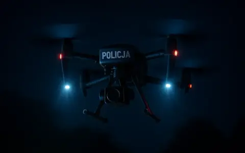 Policyjny dron nocą, z niebieskimi i czerwonymi światłami, gotowy do akcji.