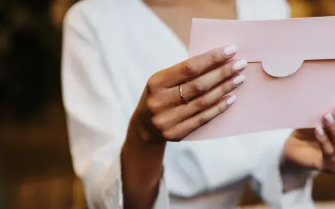 Dłoń z pierścionkiem trzyma różową kopertę. Zastanawiasz się, ile wcześnie zaprasza się na ślub?
