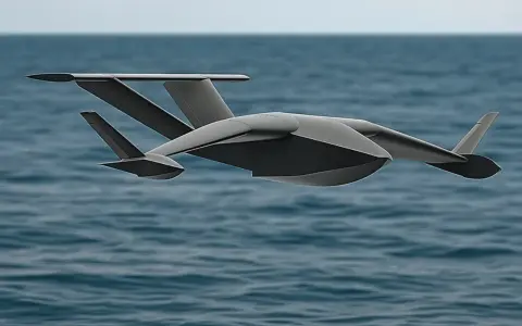 Futurystyczny dron szybuje nad turkusowym morzem, przypominając latającą rybę. Latanie dronem w Turcji to marzenie.