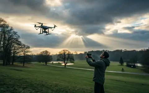 Mężczyzna steruje dronem na tle zachodzącego słońca. Piękny krajobraz, ale czy to miejsce, gdzie nie można latać dronem?