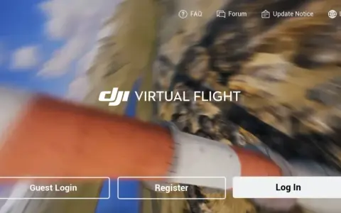 Ekran startowy DJI Virtual Flight z opcjami logowania.