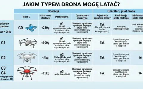 Tabela zasad latania dronem w Polsce: klasy dronów, wymagania operatora i wiek pilota.