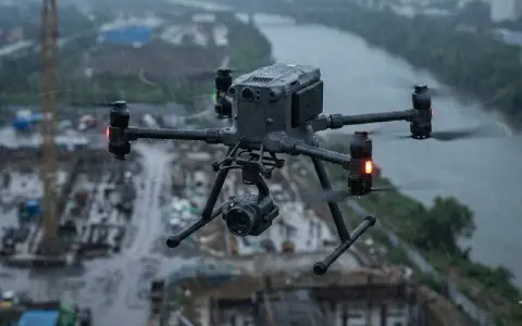 Profesjonalny dron z kamerą w locie podczas ulewy nad placem budowy.