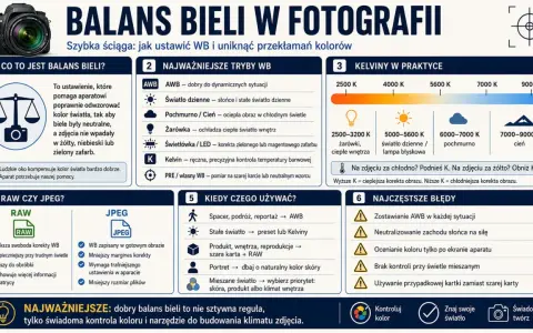 Poradnik o balansie bieli w fotografii: jak ustawić WB, aby uniknąć przekłamań kolorów. Poznaj tryby, kelwiny i najczęstsze błędy.