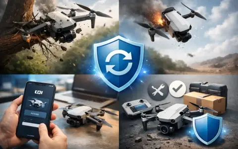 Dron w akcji, wypadek, aktywacja DJI Care Refresh na telefonie, gotowość do naprawy.