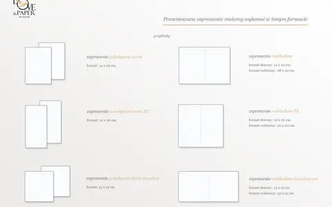 Przykłady zaproszeń: pojedyncza karta (14x20 cm), rozkładane (14x20 cm złożone, 28x20 cm rozłożone), DL (10x20 cm) i kwadratowe (15x15 cm).
