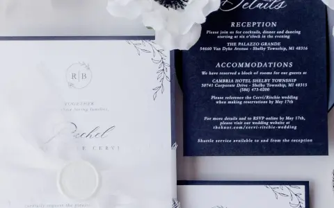 Eleganckie zaproszenie ślubne z detalami wesela i noclegów. Jak zapytać o potwierdzenie przybycia na wesele? Informacje o RSVP i stronie internetowej.