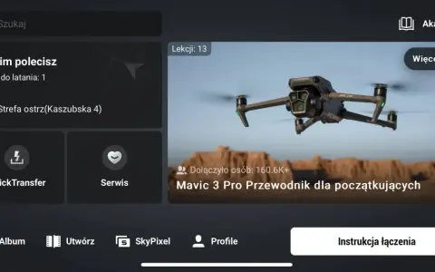 Aplikacja DJI z kursem Mavic 3 Pro dla początkujących, symulator lotu i mapą stref ostrzegawczych.