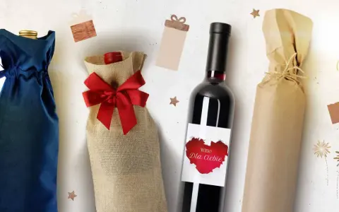 Elegancka dekoracja butelki z winem na ślub. Wino w ozdobnym woreczku z juty, butelka z etykietą "Wino dla Ciebie" i butelka owinięta w papier.