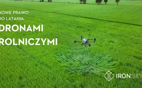 Nowe prawo do latania dronami rolniczymi. Dron DJI w locie nad zielonym polem. Fly safe!