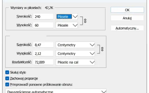 Ustawienia rozmiaru obrazu: szerokość 240 px, wysokość 60 px. Rozdzielczość 72 dpi. Skalowanie stylów i zachowanie proporcji włączone.