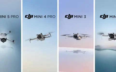Cztery drony DJI Mini Pro, w tym DJI Mini 5 Pro, unoszą się na tle nieba.