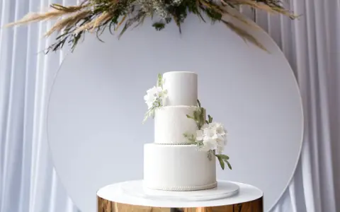 Elegancki, trójpoziomowy tort weselny w nowoczesnym stylu, ozdobiony białymi kwiatami i zielonymi liśćmi. Idealny na wyjątkowe okazje.
