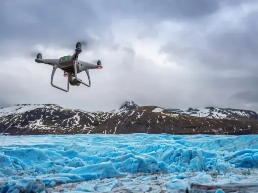 Dron lata nad lodowcem, tworząc niesamowite zdjęcia z drona. W tle góry pokryte śniegiem.