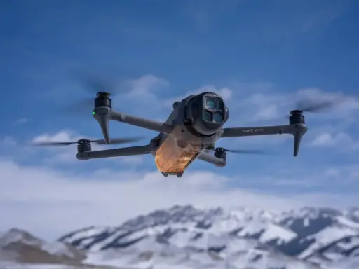 Mavic 4 Pro w locie, sterowany przez aplikację dji fly. W tle ośnieżone góry i błękitne niebo.