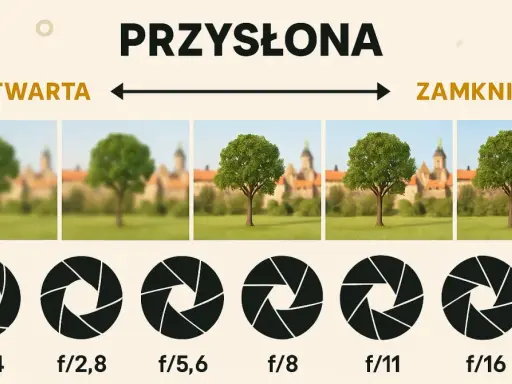 Ilustracja pokazuje, jak przysłona aparatu wpływa na głębię ostrości. Od otwartej (małe f) do zamkniętej (duże f).