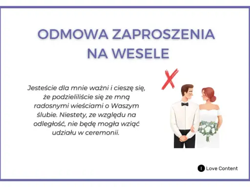 Podziękowanie za zaproszenie i odmowa przybycia na wesele z powodu odległości. Para młoda, czerwony krzyżyk.