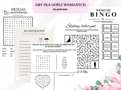 Gry dla gości weselnych: wykreślanka, bingo, labirynt i zgadnij kto. Idealne pytania dla gości weselnych, by umilić czas oczekiwania.
