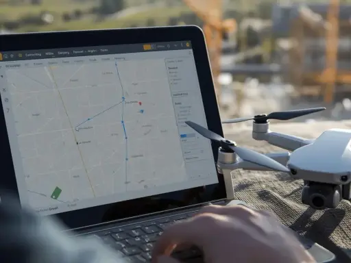 Planowanie zgłoszenie lotu dronem na mapie na laptopie. Obok leży dron.