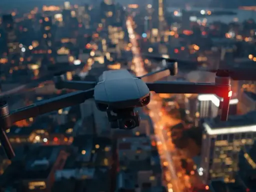 Dron unosi się nad nocnym miastem, tworząc niesamowite filmy z drona. Rozświetlone wieżowce i ulice tworzą magiczną scenerię.