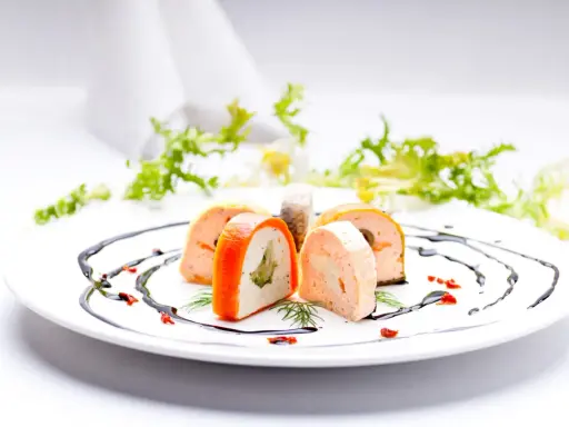 Eleganckie rolady rybne z warzywami, ozdobione sosem balsamicznym. Idealne na menu weselne z godzinami.