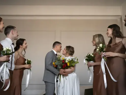 Para młoda w otoczeniu druhen i świadków. Romantyczny ślub w piątek, pełen miłości i pięknych bukietów.