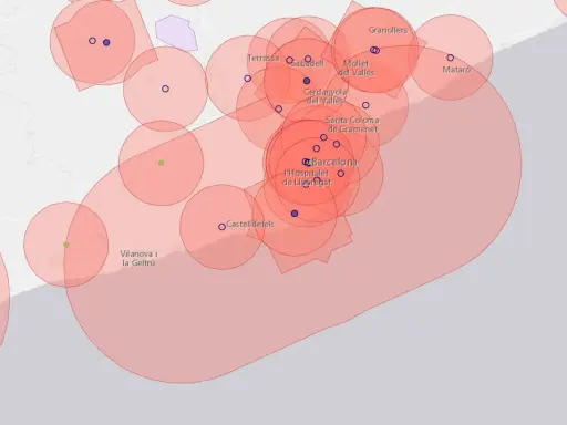 Mapa z zaznaczonymi strefami, gdzie możliwe jest latanie dronem w Hiszpanii, obejmująca obszar Barcelony i okolic.