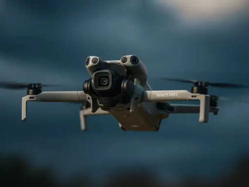 DJI Mini 2 Pro w locie, gotowy do śledzenia obiektu.