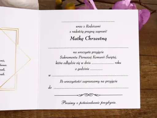Zaproszenie na uroczyste przyjęcie Sakramentu Pierwszej Komunii Świętej dla Matki Chrzestnej. Prosimy o potwierdzenie przybycia.