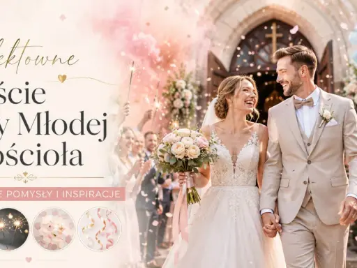 Efektowne wyjście Pary Młodej z kościoła, z racami i konfetti.