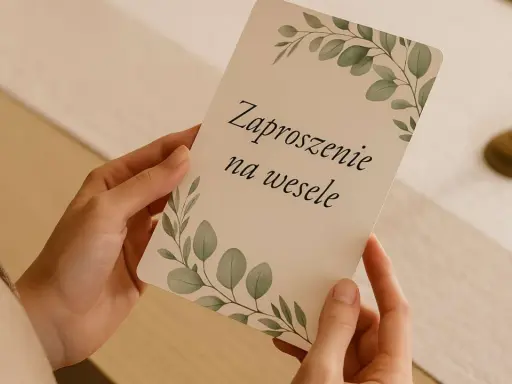 Dłonie trzymają zaproszenie na wesele z motywem liści. To ważny moment, gdy para młoda odpowiada na pytania o ślub.