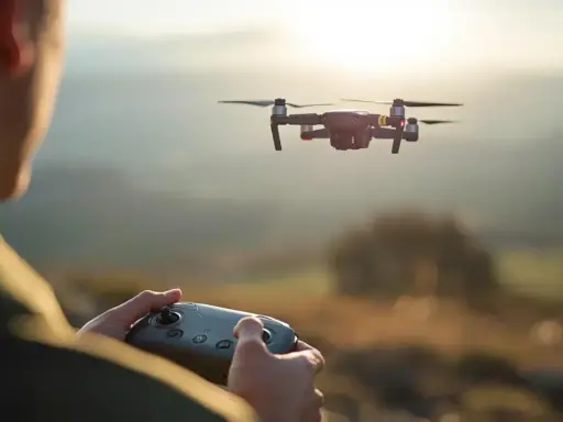 Operator steruje dronem, realizując wideofilmowanie z powietrza. Zachód słońca nad malowniczym krajobrazem.