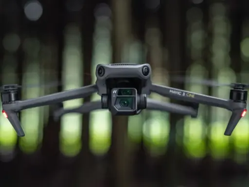 Szary dron Mavic 3 Cine zawieszony w powietrzu, z rozmytym zielonym lasem w tle.
