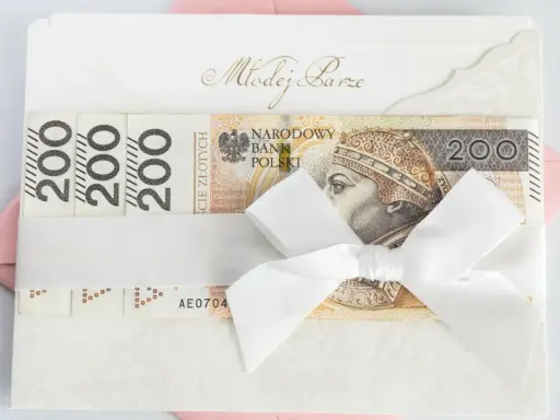 Biała koperta z napisem "Młodej Parze" i banknotami 200 zł. Zastanawiasz się, ile się daje na wesele? Oto inspiracja!