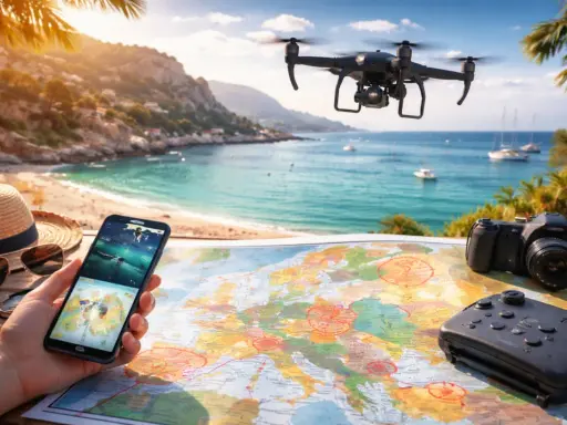 Planowanie wakacji w Grecji z dronem. Na stole mapa, telefon z widokiem na morze, aparat i kontroler.