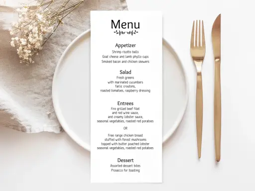 Eleganckie menu na wesele w domu, z daniami takimi jak grillowany filet i pieczony kurczak.