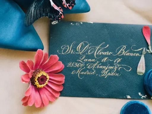 Eleganckie zaproszenie na wesele 2 tygodnie przed, z wykaligrafowanym adresem, obok błękitnych butów, kwiatu i pudełka z pierścionkiem.