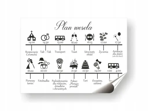 Plan wesela: od ceremonii o 14:00, przez obiad, tort o 22:30, aż po oczepiny i zabawę do 4:00.