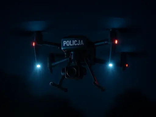 Policyjny dron nocą, z niebieskimi i czerwonymi światłami, gotowy do akcji.