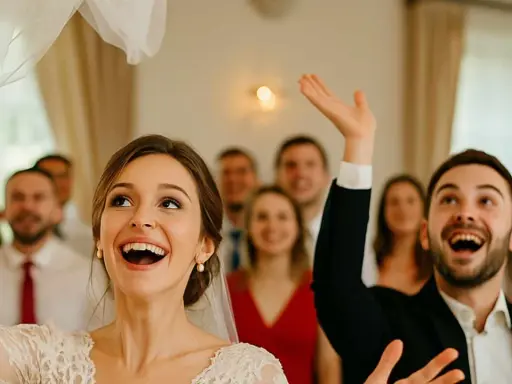 Panna młoda z welonem w górze i pan młody z uniesioną ręką, radośnie czekają na pytania na oczepiny.