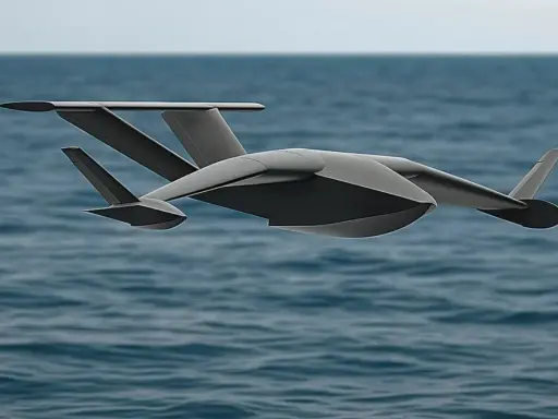 Futurystyczny dron szybuje nad turkusowym morzem, przypominając latającą rybę. Latanie dronem w Turcji to marzenie.