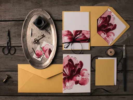 Eleganckie zaproszenia DIY z motywem kwiatowym, złote koperty, nożyczki, kluczyk i kałamarz.