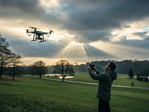 Mężczyzna steruje dronem na tle zachodzącego słońca. Piękny krajobraz, ale czy to miejsce, gdzie nie można latać dronem?