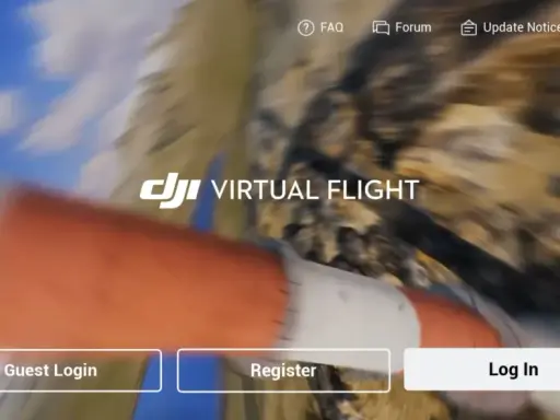 Ekran startowy DJI Virtual Flight z opcjami logowania.