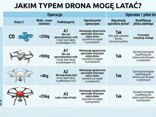 Tabela zasad latania dronem w Polsce: klasy dronów, wymagania operatora i wiek pilota.