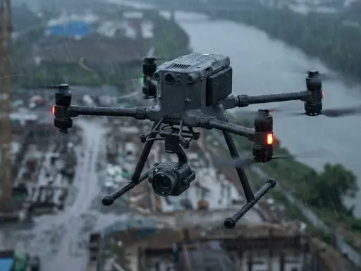 Profesjonalny dron z kamerą w locie podczas ulewy nad placem budowy.