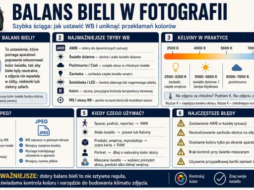 Poradnik o balansie bieli w fotografii: jak ustawić WB, aby uniknąć przekłamań kolorów. Poznaj tryby, kelwiny i najczęstsze błędy.