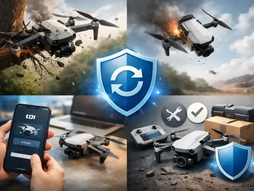Dron w akcji, wypadek, aktywacja DJI Care Refresh na telefonie, gotowość do naprawy.