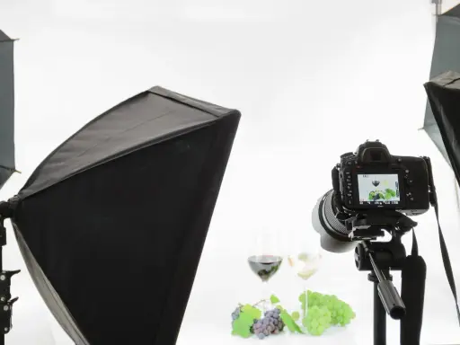 Profesjonalne oświetlenie studyjne i aparat na statywie tworzą idealne warunki do fotografowania, jak w namiocie bezcieniowym DIY.